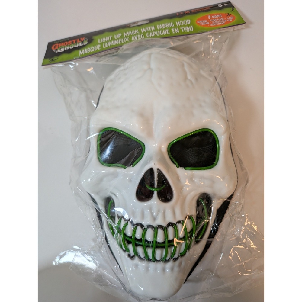 Ghostly Ghouls Light Up Skull Mask with Fabric Hood Green LED Halloween